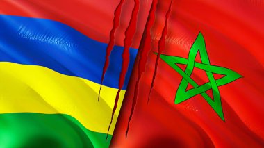 Mauritius ve Fas bayrakları yara izi konseptiyle. Dalgalanan bayrak, 3 boyutlu görüntüleme. Mauritius ve Fas çatışma konsepti. Mauritius Fas ilişkileri kavramı. Mauritius bayrağı ve Fas krizi, savaş, attac
