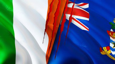 İrlanda ve Cayman Adaları yara izi olan bayraklar. 3D bayrak sallama. İrlanda ve Cayman Adaları çatışma konsepti. İrlanda Cayman Adaları ilişkileri kavramı. İrlanda ve Cayma bayrağı