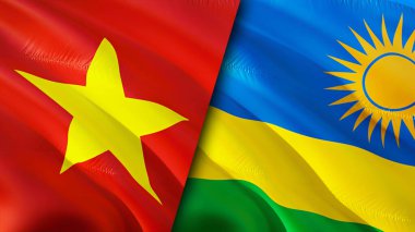 Vietnam ve Ruanda bayraklarında yara izi var. Dalgalanan bayrak, 3 boyutlu görüntüleme. Vietnam ve Ruanda çatışma konsepti. Vietnam Ruanda ilişkileri kavramı. Vietnam bayrağı ve Ruanda krizi, savaş, saldırı konsepti