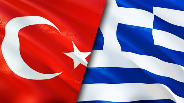 土耳其和希腊的国旗 3D波浪旗帜设计 土耳其希腊国旗 土耳其对希腊的图像 3D渲染 土耳其希腊关系联盟与贸易 — 图库照片