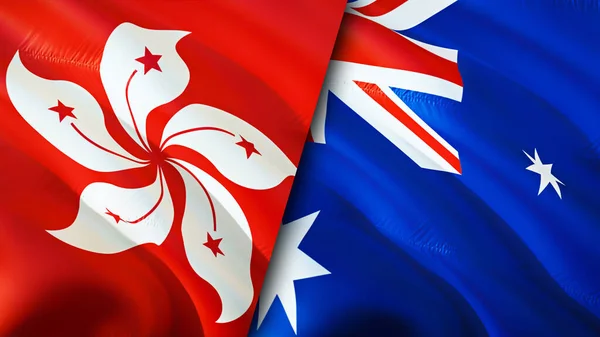 Hong Kong and Australia flags. 3D Waving flag design. Hong Kong Australia flag, picture, wallpaper. Hong Kong vs Australia image,3D rendering. Hong Kong Australia relations alliance an