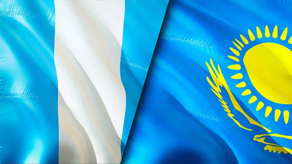 Guatemala and Kazakhstan flags. 3D Waving flag design. Guatemala Kazakhstan flag, picture, wallpaper. Guatemala vs Kazakhstan image,3D rendering. Guatemala Kazakhstan relations war allianc