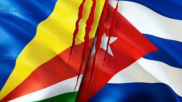 Seychelles and Cuba flags with scar concept. Waving flag,3D rendering. Seychelles and Cuba conflict concept. Seychelles Cuba relations concept. flag of Seychelles and Cuba crisis,war, attack concep