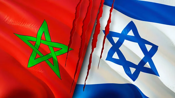 Morocco and Israel flags with scar concept. Waving flag,3D rendering. Morocco and Israel conflict concept. Morocco Israel relations concept. flag of Morocco and Israel crisis,war, attack concep