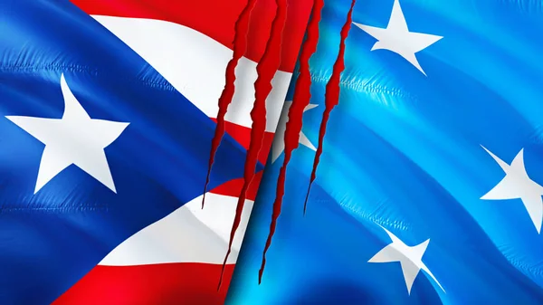 Puerto Rico Och Mikronesien Flaggor Med Ärr Koncept Viftar Med — Stockfoto