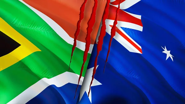 South Africa and Australia flags with scar concept. Waving flag,3D rendering. South Africa and Australia conflict concept. South Africa Australia relations concept. flag of South Africa an
