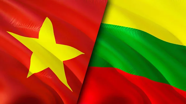 Vietnam and Lithuania flags with scar concept. Waving flag,3D rendering. Vietnam and Lithuania conflict concept. Vietnam Lithuania relations concept. flag of Vietnam and Lithuania crisis,war, attac