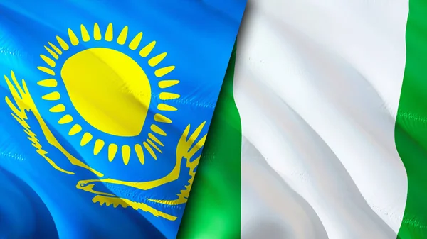Kazakhstan and Nigeria flags. 3D Waving flag design. Kazakhstan Nigeria flag, picture, wallpaper. Kazakhstan vs Nigeria image,3D rendering. Kazakhstan Nigeria relations alliance an