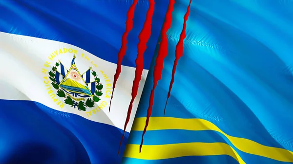 Флаги Сальвадора Арубы Шрамом Трехмерный Рендеринг Флага Концепция Конфликта Сальвадоре — стоковое фото