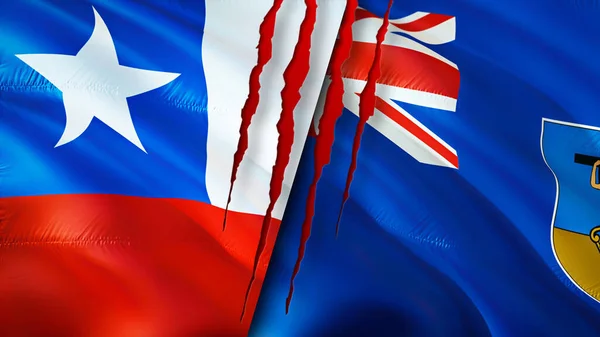 智利和蒙特塞拉特的国旗带有伤疤概念 飘扬的旗帜 3D渲染 智利和蒙特塞拉特冲突概念 智利蒙特塞拉特关系概念 智利国旗和蒙特塞拉特危机 战争C — 图库照片