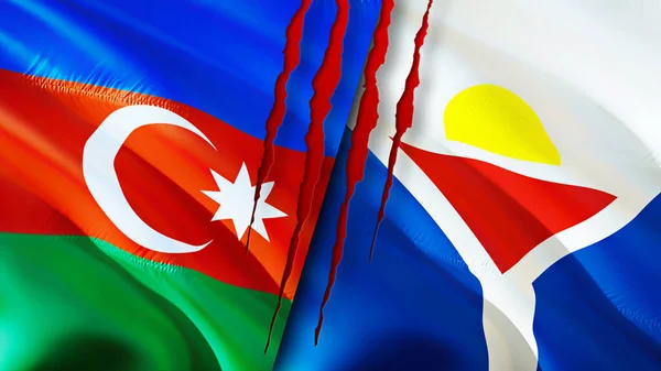 Azerbaijan and Saint Martin flags with scar concept. Waving flag,3D rendering. Azerbaijan and Saint Martin conflict concept. Azerbaijan Saint Martin relations concept. flag of Azerbaijan and Sain