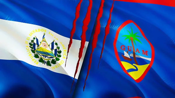 Флаги Сальвадора Гуама Шрамом Трехмерный Рендеринг Флага Концепция Конфликта Сальвадора — стоковое фото