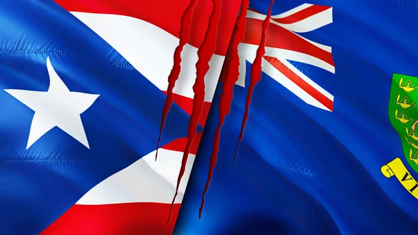 带有伤疤概念的波多黎各和英属维尔京群岛国旗 飘扬的旗帜 3D渲染 波多黎各和英属维尔京群岛冲突概念 Puerto Rico英属维尔京群岛关系 — 图库照片
