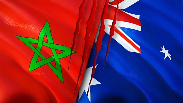 Σημαίες Μαρόκου Και Αυστραλίας Έννοια Ουλή Κυματιστή Σημαία Τρισδιάστατη Απόδοση — Φωτογραφία Αρχείου