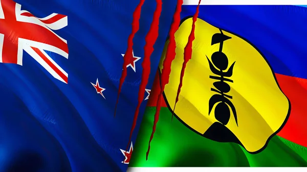 New Zealand and New Caledonia flags with scar concept. Waving flag 3D rendering. New Zealand and New Caledonia conflict concept. New Zealand New Caledonia relations concept. flag of New Zealand an