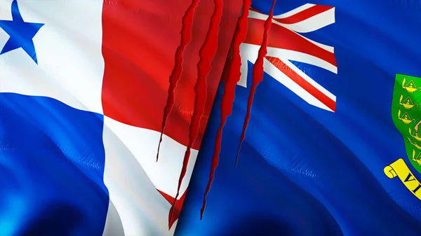 具有疤痕概念的巴拿马和英属维尔京群岛国旗 飘扬的旗帜 3D渲染 巴拿马和英属维尔京群岛冲突概念 巴拿马英属维尔京群岛关系概念 国旗O — 图库照片