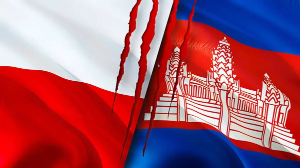 Poland and Cambodia flags with scar concept. Waving flag,3D rendering. Poland and Cambodia conflict concept. Poland Cambodia relations concept. flag of Poland and Cambodia crisis,war, attack concep