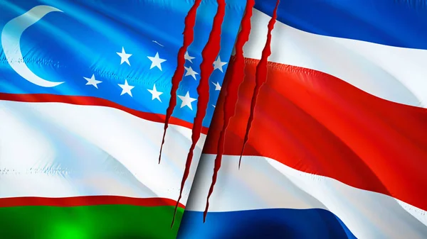 Uzbekistán Kostarika Vlajky Koncepcí Jizvy Vlnění Vlajky Vykreslování Koncept Konfliktu — Stock fotografie