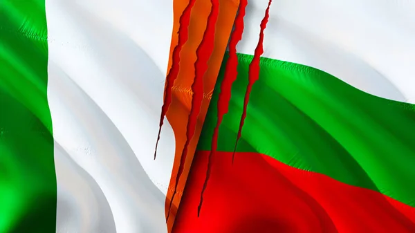 Ireland and Bulgaria flags with scar concept. Waving flag 3D rendering. Ireland and Bulgaria conflict concept. Ireland Bulgaria relations concept. flag of Ireland and Bulgaria crisis,war, attac