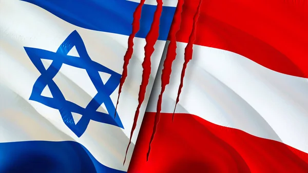 Israel and Austria flags with scar concept. Waving flag,3D rendering. Israel and Austria conflict concept. Israel Austria relations concept. flag of Israel and Austria crisis,war, attack concep