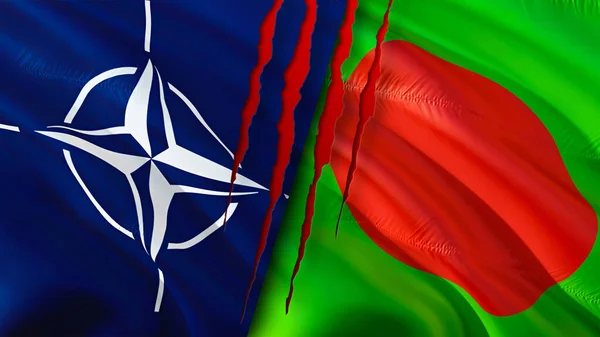 NATO and Bangladesh flags with scar concept. Waving flag,3D rendering. Bangladesh and NATO conflict concept. NATO Bangladesh relations concept. flag of NATO and Bangladesh crisis,war, attack concep