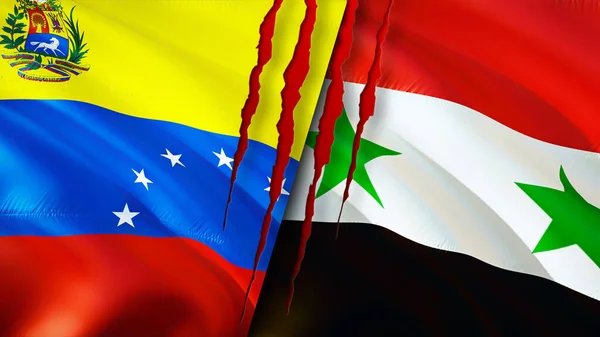 Venezuela and Syria flags with scar concept. Waving flag,3D rendering. Venezuela and Syria conflict concept. Venezuela Syria relations concept. flag of Venezuela and Syria crisis,war, attack concep