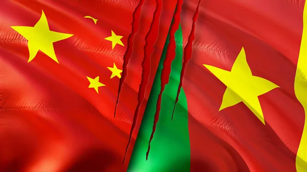 China Und Kamerun Flaggen Mit Narbenkonzept Fahnenschwenken Rendering Konflikt Zwischen — Stockfoto