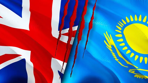 United Kingdom and Kazakhstan flags with scar concept. Waving flag,3D rendering. United Kingdom and Kazakhstan conflict concept. United Kingdom Kazakhstan relations concept. flag of United Kingdo