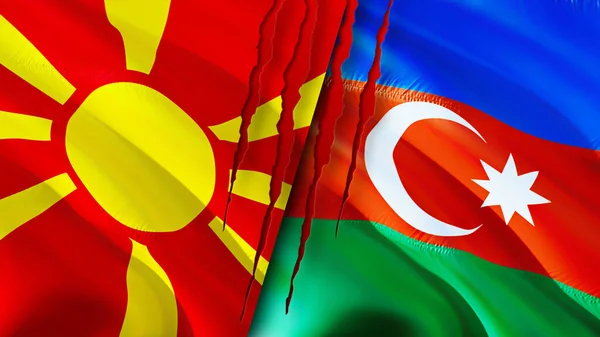 North Macedonia and Azerbaijan flags with scar concept. Waving flag,3D rendering. North Macedonia and Azerbaijan conflict concept. North Macedonia Azerbaijan relations concept. flag of Nort