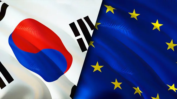 South Korea and European Union flags. 3D Waving flag design. South Korea European Union flag, picture, wallpaper. South Korea vs European Union image,3D rendering. South Korea European Unio