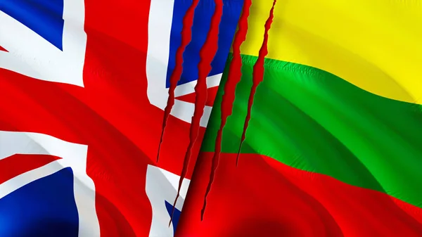 United Kingdom and Lithuania flags with scar concept. Waving flag,3D rendering. United Kingdom and Lithuania conflict concept. United Kingdom Lithuania relations concept. flag of United Kingdom an