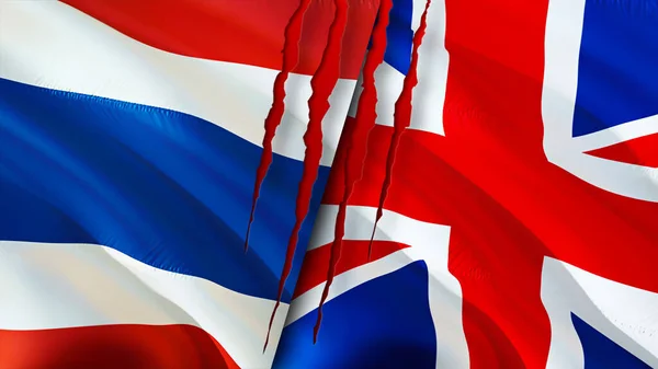 Yara Izi Olan Tayland Birleşik Krallık Bayrakları Dalgalanan Bayrak Boyutlu — Stok fotoğraf