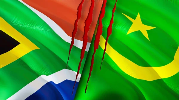 南アフリカとモーリタニアは傷の概念で旗を掲げている 旗を振って3Dレンダリング 南アフリカとモーリタニアの紛争の概念 南アフリカモーリタニア関係の概念 南アフリカの国旗は — ストック写真