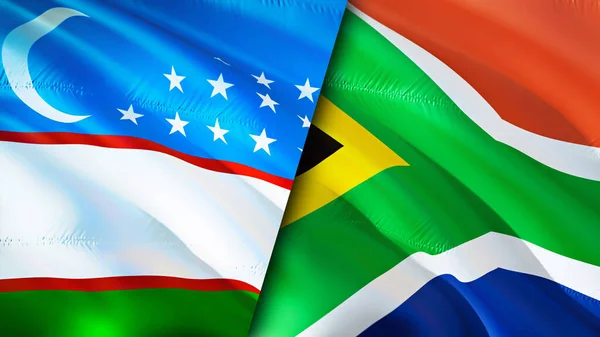 Uzbekistan and South Africa flags. 3D Waving flag design. Uzbekistan South Africa flag, picture, wallpaper. Uzbekistan vs South Africa image,3D rendering. Uzbekistan South Africa relations allianc