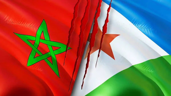 Morocco and Djibouti flags with scar concept. Waving flag,3D rendering. Morocco and Djibouti conflict concept. Morocco Djibouti relations concept. flag of Morocco and Djibouti crisis,war, attac