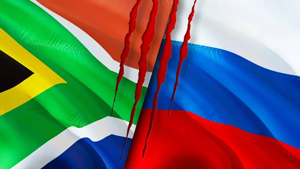 África Sul Rússia Bandeiras Com Conceito Cicatriz Bandeira Ondulada Renderização — Fotografia de Stock
