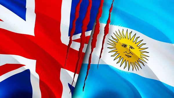 United Kingdom and Argentina flags with scar concept. Waving flag,3D rendering. United Kingdom and Argentina conflict concept. United Kingdom Argentina relations concept. flag of United Kingdom an
