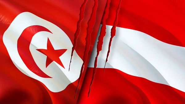 突尼斯和奥地利的国旗上有疤痕的概念 飘扬的旗帜 3D渲染 突尼斯和奥地利冲突概念 突尼斯奥地利关系概念 突尼斯和奥地利国旗危机 — 图库照片