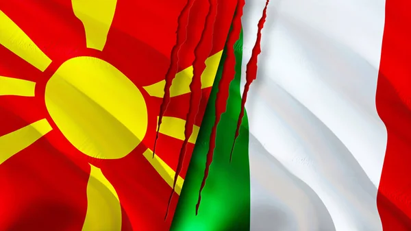 Noord Macedonië Italië Vlaggen Met Litteken Concept Wuivende Vlag Weergave — Stockfoto