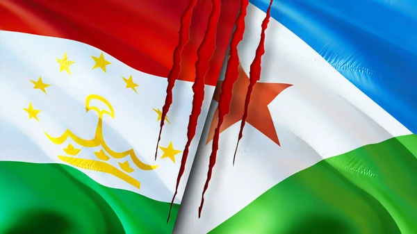 Tajikistan and Djibouti flags with scar concept. Waving flag,3D rendering. Tajikistan and Djibouti conflict concept. Tajikistan Djibouti relations concept. flag of Tajikistan and Djibout