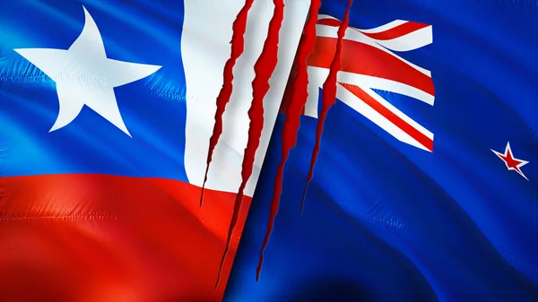 智利和新西兰的国旗上有疤痕的概念 飘扬的旗帜 3D渲染 智利和新西兰冲突概念 智利新西兰关系概念 智利和新西兰的国旗危机 战争C — 图库照片