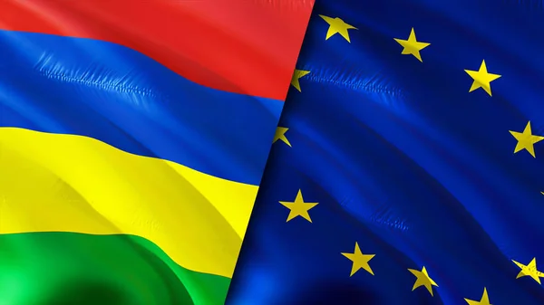 Mauritius and European Union flags. 3D Waving flag design. Mauritius European Union flag, picture, wallpaper. Mauritius vs European Union image,3D rendering. Mauritius European Union relation