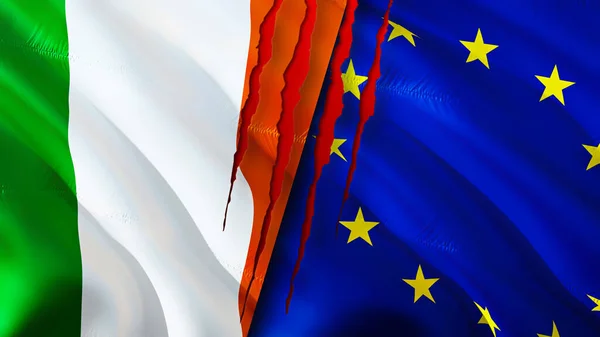 Ireland and European Union flags with scar concept. Waving flag 3D rendering. Ireland and European Union conflict concept. Ireland European Union relations concept. flag of Ireland and Europea