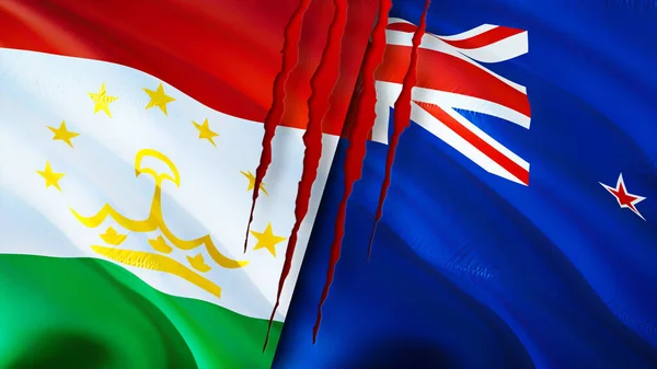 塔吉克斯坦和新西兰的国旗带有疤痕概念 飘扬的旗帜 3D渲染 塔吉克斯坦和新西兰冲突概念 塔吉克斯坦新西兰关系概念 塔吉克斯坦和Ne的国旗 — 图库照片