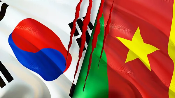 韩国和喀麦隆的国旗上有伤疤的概念 飘扬的旗帜 3D渲染 韩国和喀麦隆冲突概念 喀麦隆关系概念 韩国和喀麦隆的国旗 — 图库照片