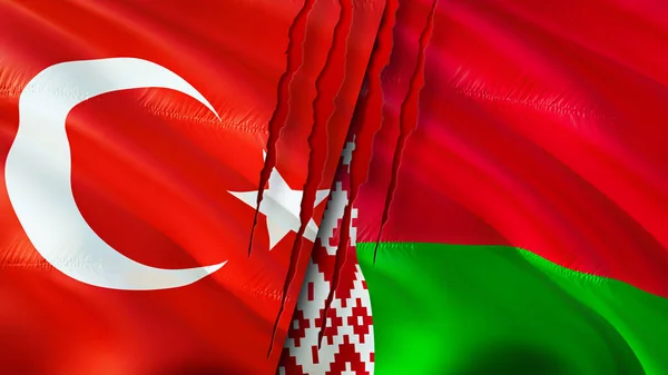 Turkey and Belarus flags with scar concept. Waving flag,3D rendering. Turkey and Belarus conflict concept. Turkey Belarus relations concept. flag of Turkey and Belarus crisis,war, attack concep