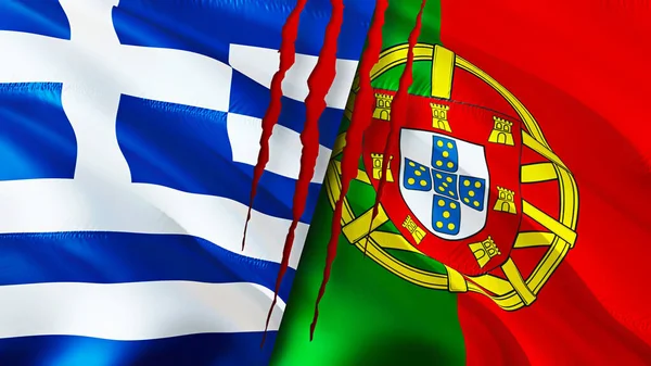 Greece and Portugal flags with scar concept. Waving flag,3D rendering. Greece and Portugal conflict concept. Greece Portugal relations concept. flag of Greece and Portugal crisis,war, attack concep