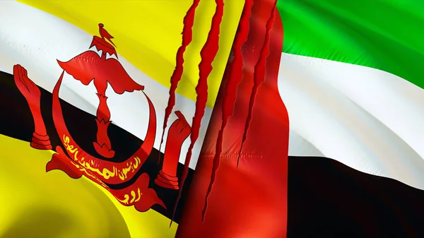 Brunei and United Arab Emirates flags with scar concept. Waving flag,3D rendering. Brunei and United Arab Emirates conflict concept. Brunei United Arab Emirates relations concept. flag of Brunei an