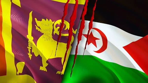 Sri Lanka and Western Sahara flags with scar concept. Waving flag,3D rendering. Sri Lanka and Western Sahara conflict concept. Sri Lanka Western Sahara relations concept. flag of Sri Lanka an