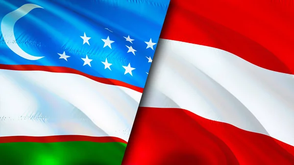 Uzbekistan and Austria flags. 3D Waving flag design. Uzbekistan Austria flag, picture, wallpaper. Uzbekistan vs Austria image,3D rendering. Uzbekistan Austria relations alliance an
